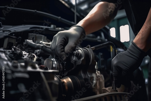 Professional mechanic working on the engine of the car . ai generative