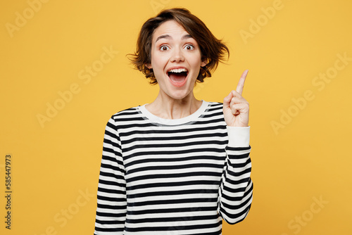 Fotografie Young insighted smart proactive woman wear casual striped black and white shirt