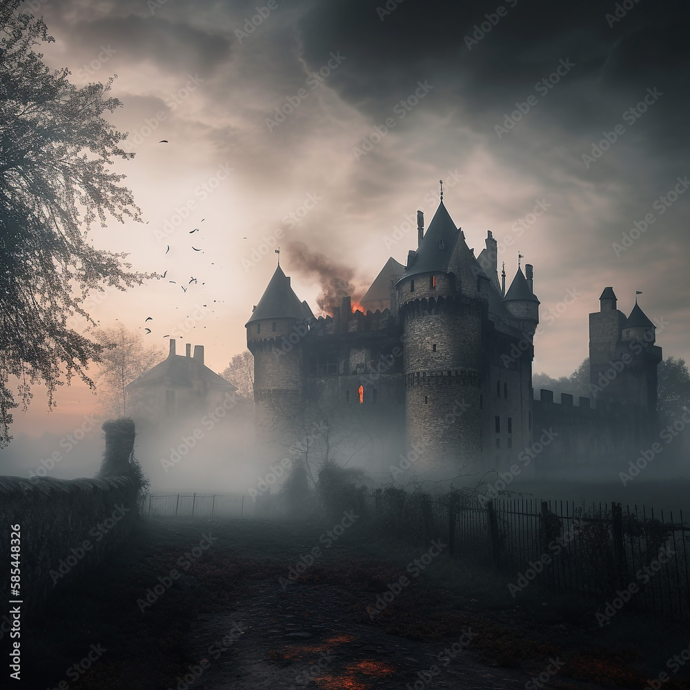 Fantasy medieval castle siege on a foggy day - AI Generative