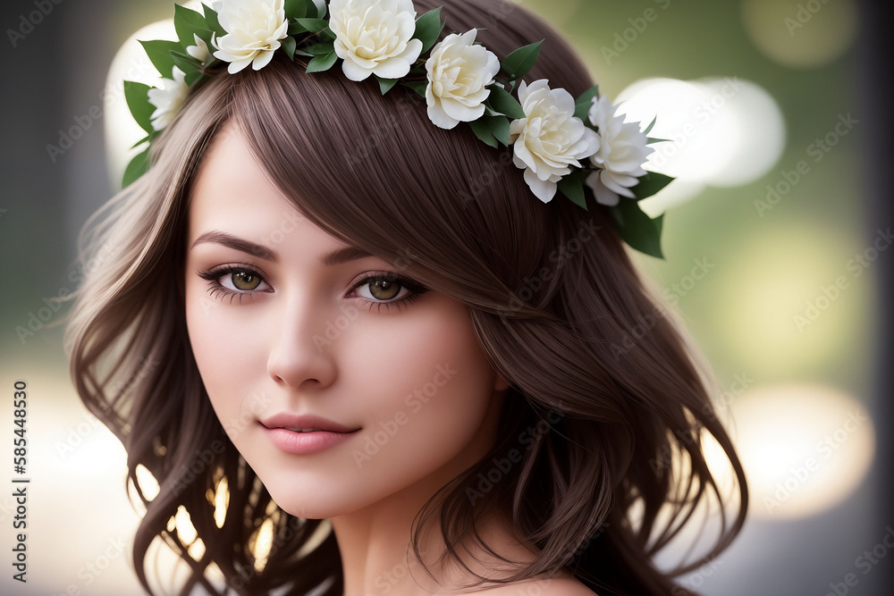 Portrait of a beautiful woman in summer clothes with a flower wreath on her head. Generative AI