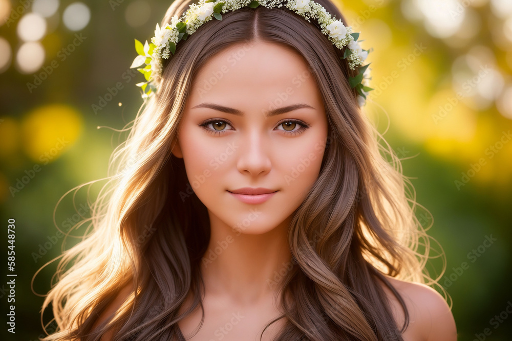 Portrait of a beautiful woman in summer clothes with a flower wreath on her head. Generative AI