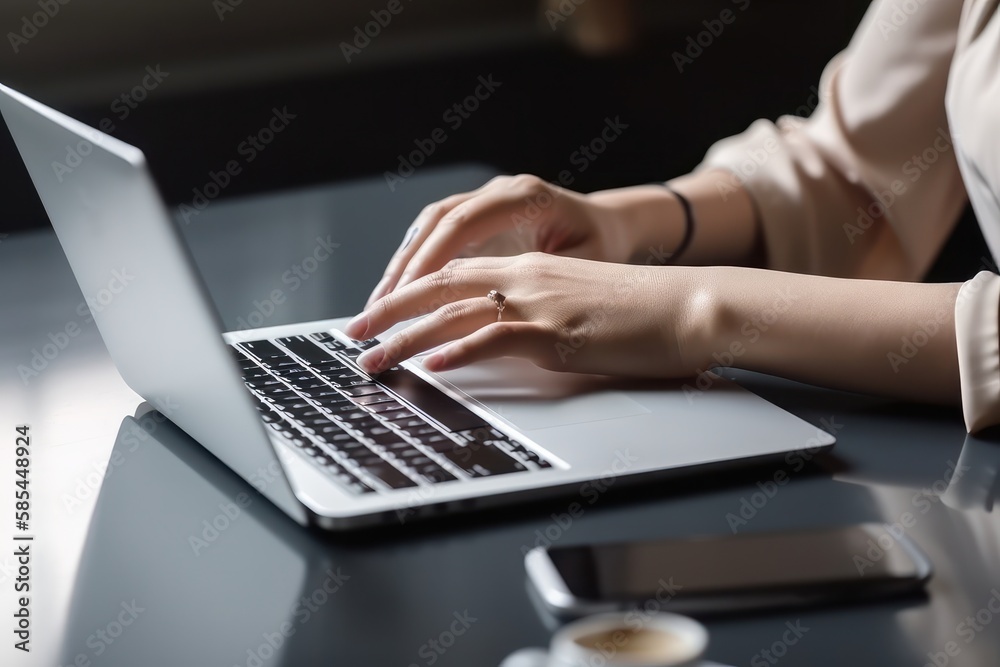Business woman hands typing on laptop computer, surfing the internet, online working from home office with mobile phone, digital tablet on office table, freelancer at work, telecommuting concept Business woman hands typing on laptop computer, surfing the internet, online working from home office with mobile phone, digital tablet on office table, freelancer at work, telecommuting concept
