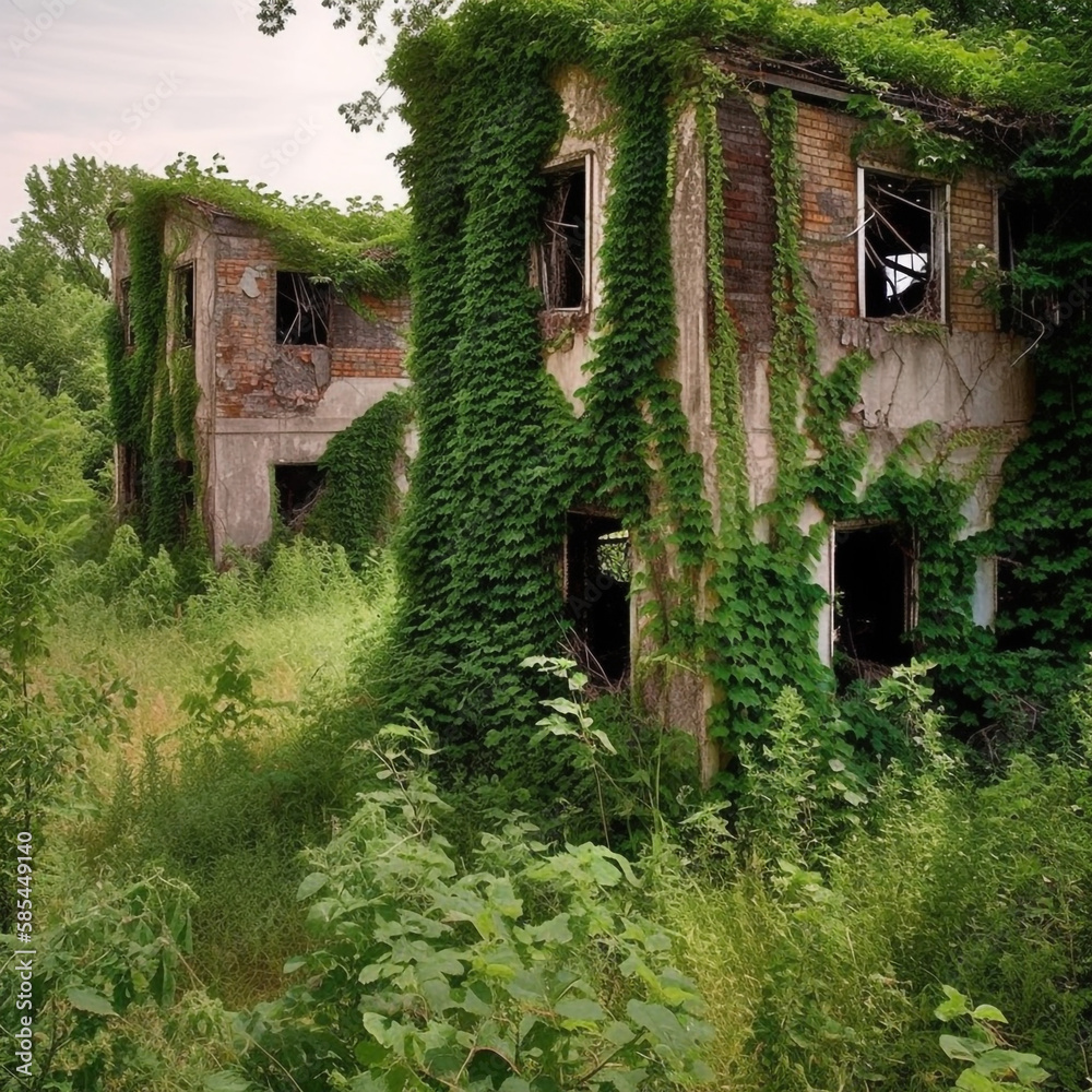 Post Apocalyptic houses invaded by vegetation - AI Generative Post Apocalyptic houses invaded by vegetation - AI Generative