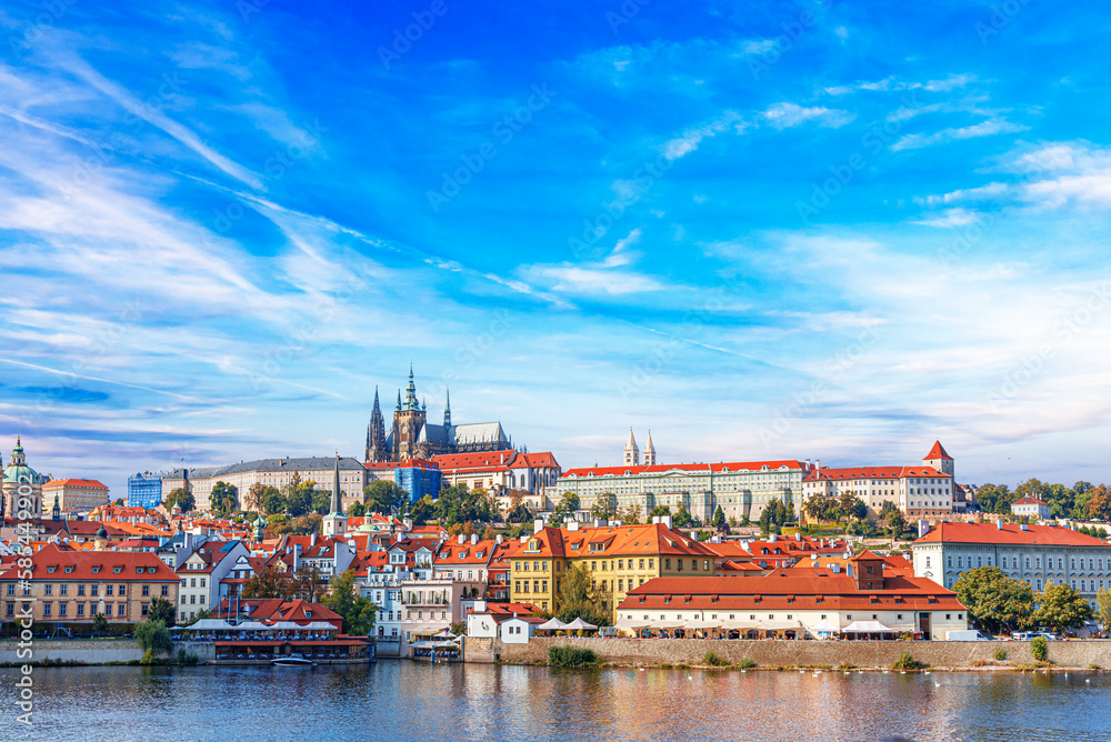 Old town of Prague. Czech Republic over river Vltava with Saint Vitus cathedral on skyline. Praha panorama landscape view.