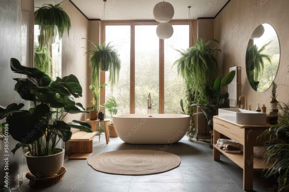 Urban jungle design. Vertical image of warm full furnished bathroom with green plants and natural organic design components, white bathtub near panoramic window on pebble floor. Generative AI