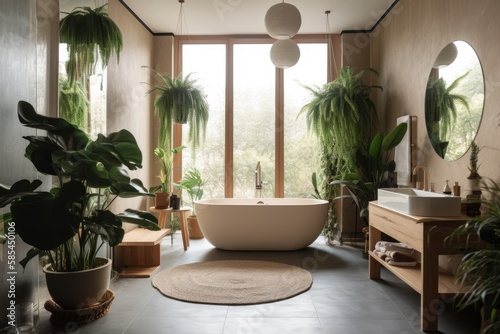 Urban jungle design. Vertical image of warm full furnished bathroom with green plants and natural organic design components, white bathtub near panoramic window on pebble floor. Generative AI © AkuAku