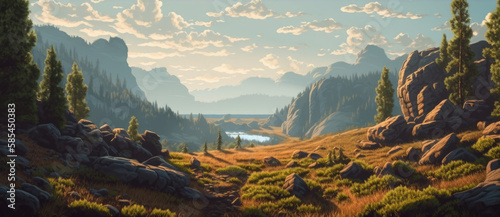 High altitude scenic view of a beautiful valley at sunrise, distant mountains and hills, misty morning fog, warm summer weather, eroded and weathered rock formations and grassy slopes - generative AI