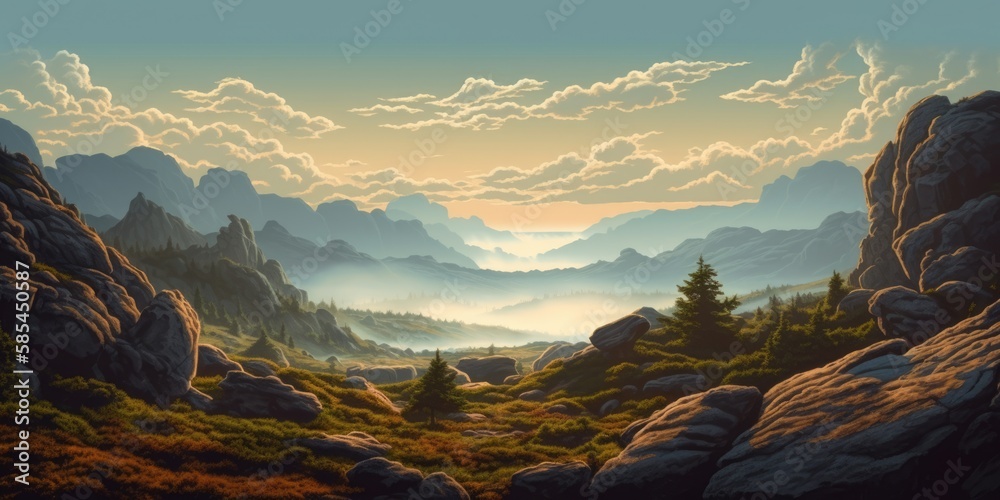 High altitude scenic view of a beautiful valley at sunrise, distant mountains and hills, misty morning fog, warm summer weather, eroded and weathered rock formations and grassy slopes - generative AI