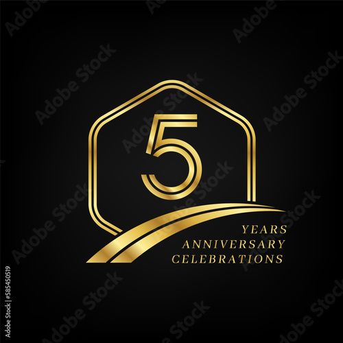 5 years anniversary. Lined gold hexagon and curving anniversary template.