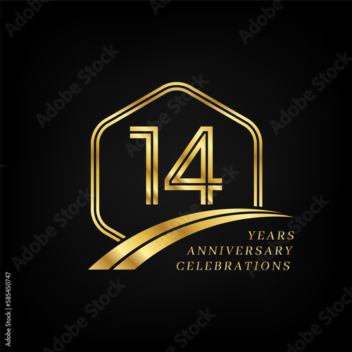 14 years anniversary. Lined gold hexagon and curving anniversary template.
