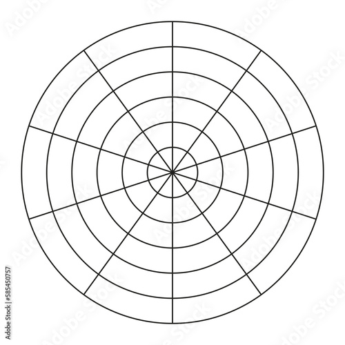 Coaching tool. Polar grid of 10 segments and 5 concentric circles. Circle diagram of lifestyle balance. Wheel of life template. Vector blank polar graph paper. Blank.