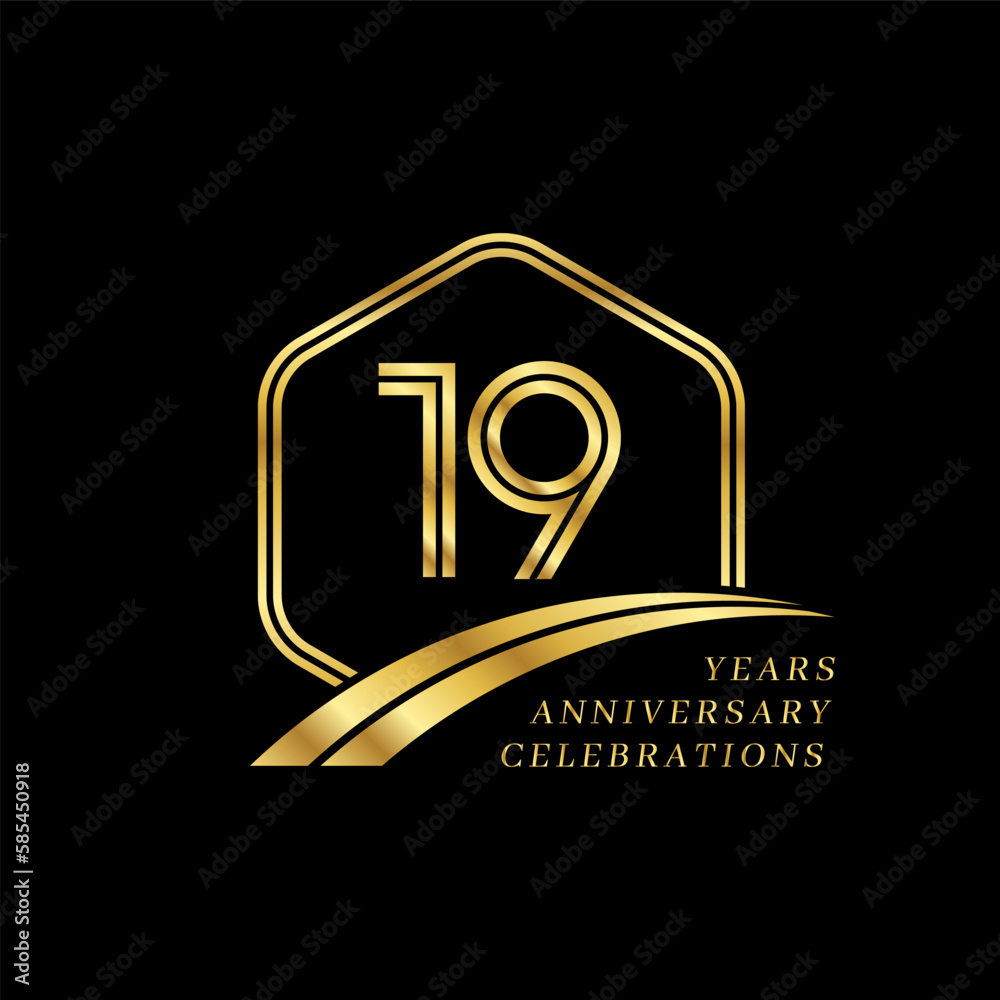 19 years anniversary. Lined gold hexagon and curving anniversary template.