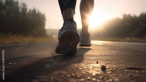 Close up on shoe, Runner athlete feet running on road under sunlight in the morning. Generative AI.