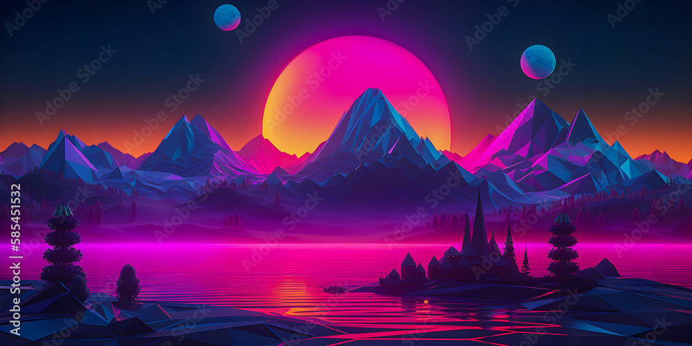 Retrowave sunset in low poly style illustration, Generative AI