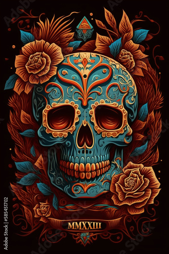 Dia de los Muertos Feiertag Tag der Toten Totenkopf Bemalung Floral Tattoo symbolische Elemente AI Generiert