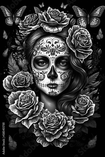 Dia de los Muertos Feiertag Tag der Toten Totenkopf Bemalung Floral Tattoo symbolische Elemente AI Generiert photo