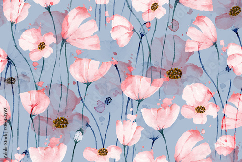 Seamless pattern poppies and abstract background with watercolor.Designed for fabric and wallpaper. © joy8046