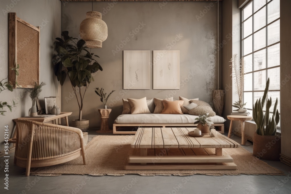 Fototapeta premium Wabi sabi living room. Interior mockup,. Generative AI
