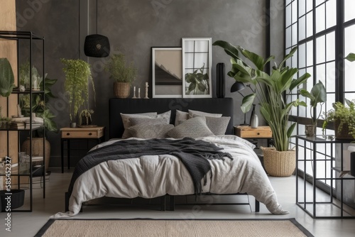 Scandinavian bedroom with mullions and cozy bed. Generative AI photo
