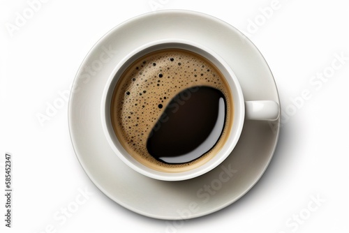 Top view of cup of coffee isolated on a white background. White cup and saucer. Made with Generative AI.