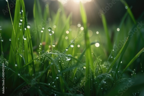 Grass covered with dew in the sun after rain in the morning.
