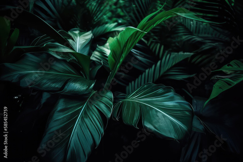 Closeup nature view of green leaf and palms background. 