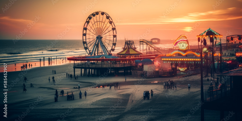 An amusement park on the beach at sunset by generative AI