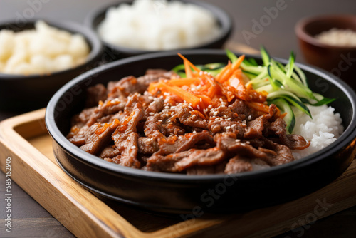A sizzling hot plate of bulgogi, thinly sliced strips of marinated beef grilled. (Generative AI)
