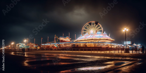 An amusement park on the beach at night by generative AI