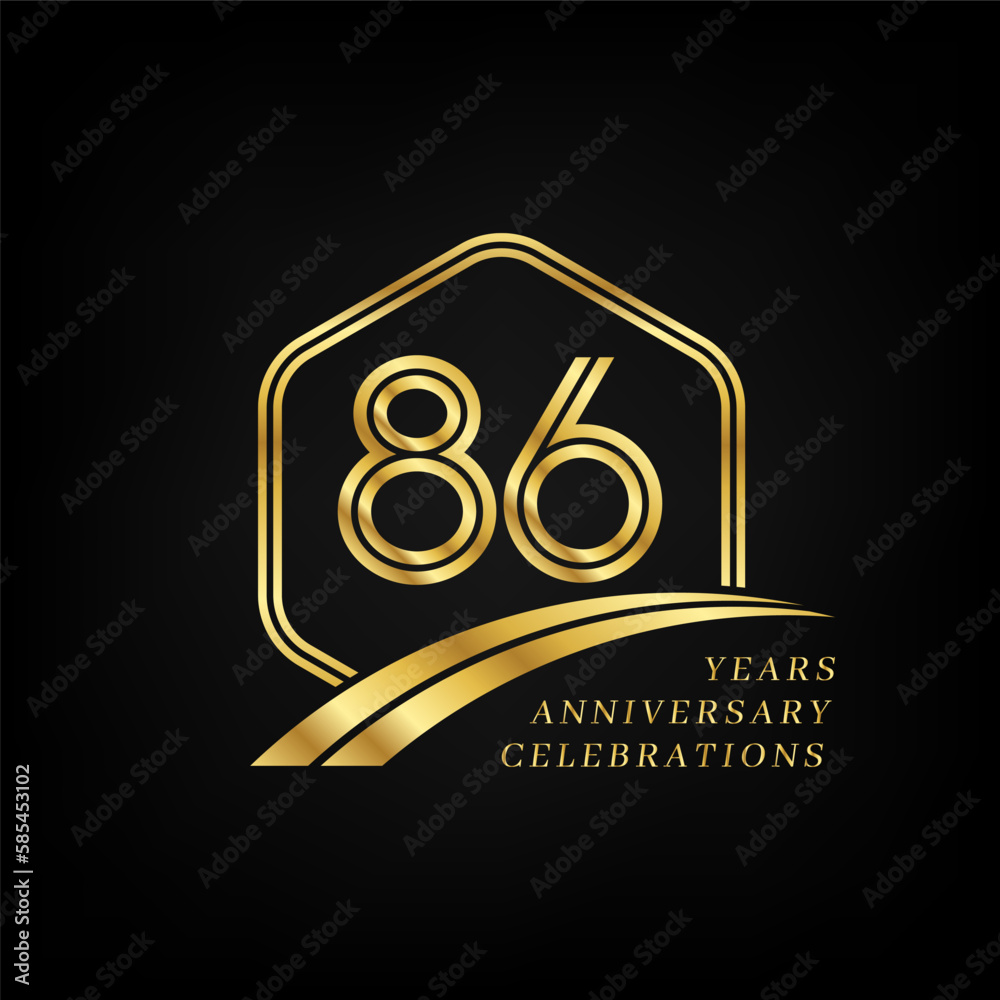 86 years anniversary. Lined gold hexagon and curving anniversary template.