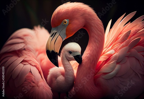 a pink flamingo holding a baby flamingo in its beak and wings. Generative AI