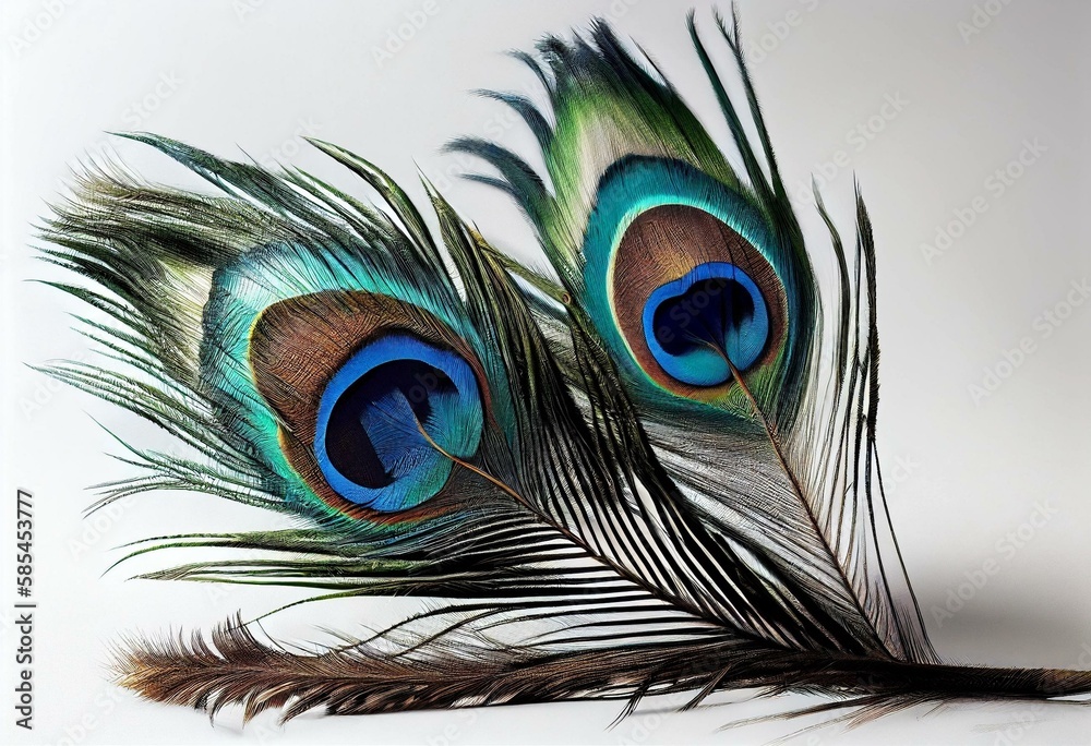 Fototapeta premium two peacock feathers with a white background and a blue and green tail feathers are shown in the foreground of the image and the background is white backdrop of the image with a white. Generative AI