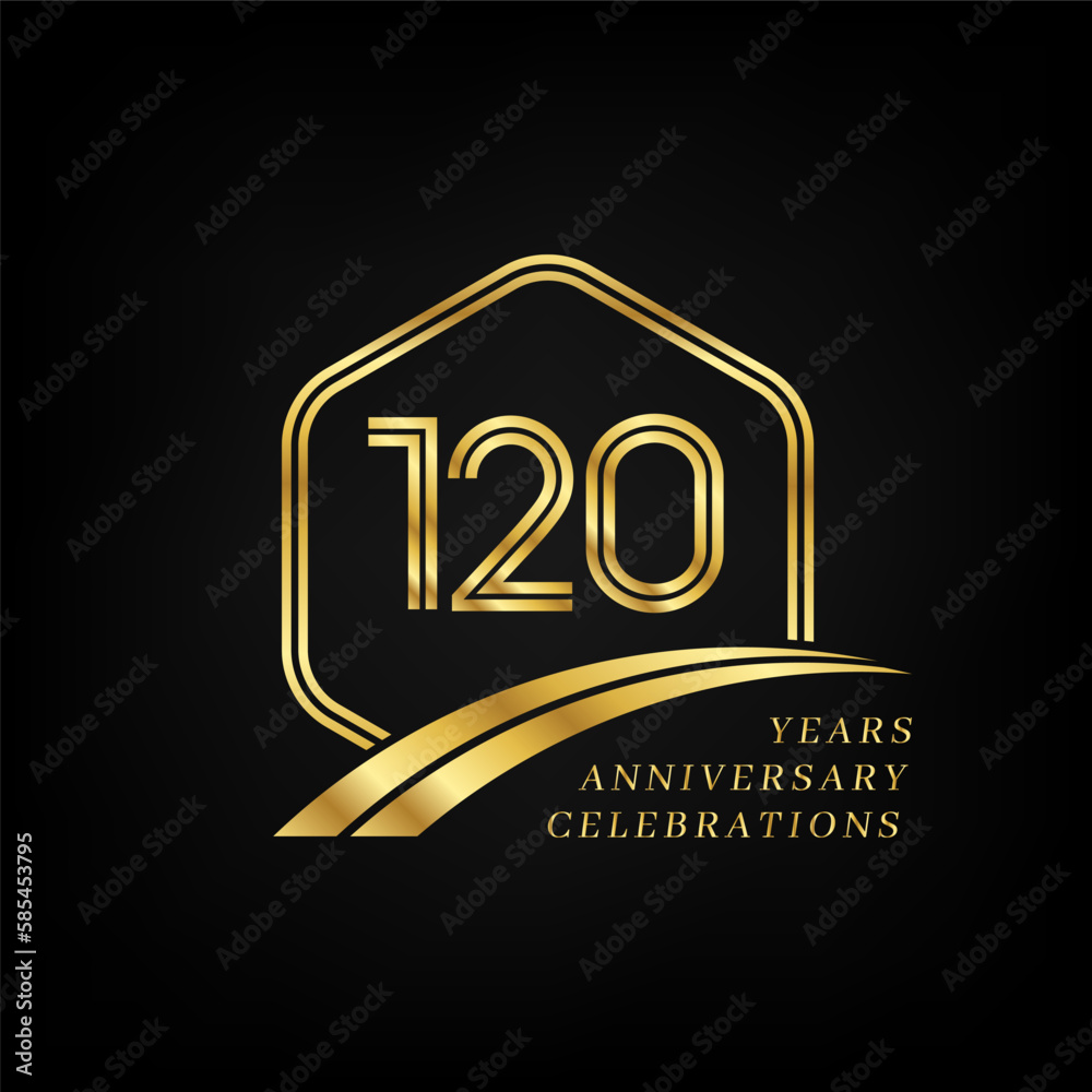 120 years anniversary. Lined gold hexagon and curving anniversary template. 120 years anniversary. Lined gold hexagon and curving anniversary template.