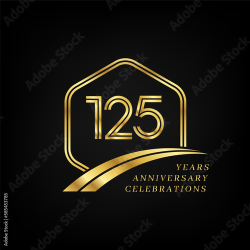 125 years anniversary. Lined gold hexagon and curving anniversary template.