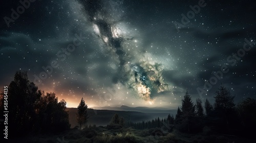 A Beautiful Magic Night: Starry Sky and Clouds Illuminates the Milky Way and Universe. Generative AI