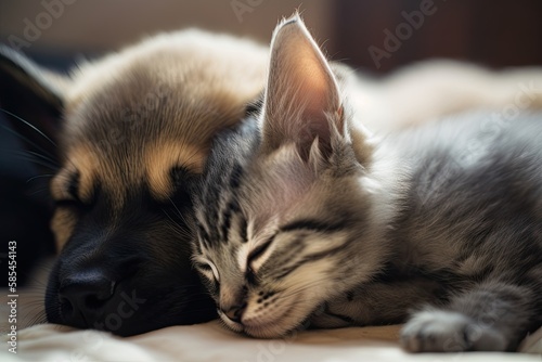Adorable Young Pets Cuddling Up: A Puppy and Kitten Sleeping Together in Peaceful Harmony. Generative AI