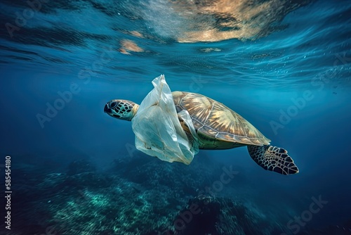 Eco Crisis: Stuck Sea Turtle Struggles in Plastic-Filled Oceans: Generative AI © AIGen
