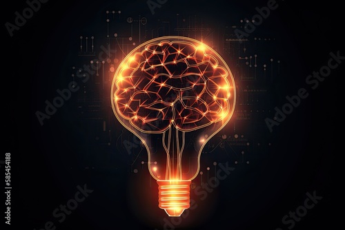 Innovation Power: Human Brain Illuminated by Electric Light Bulb Infographic Illustration: Generative AI