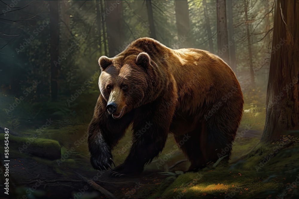 Wild Beast of Alaska: Big Brown Furry Grizzly Bear Walks Through Wilderness in Search of Prey - Illustration by Generative AI Wild Beast of Alaska: Big Brown Furry Grizzly Bear Walks Through Wilderness in Search of Prey - Illustration by Generative AI
