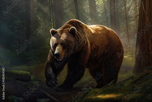 Wild Beast of Alaska: Big Brown Furry Grizzly Bear Walks Through Wilderness in Search of Prey - Illustration by Generative AI
