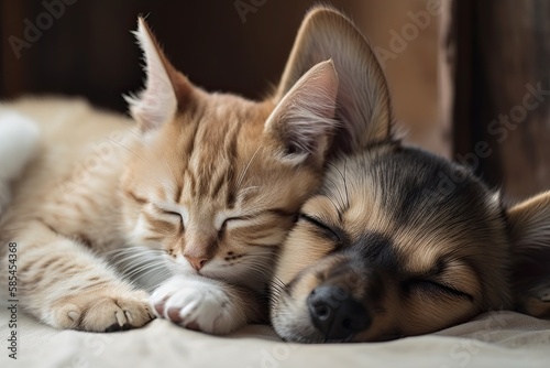 Young Puppy and Kitten Sleeping Together in Peace - A Heartwarming Family of Pets, Generative AI