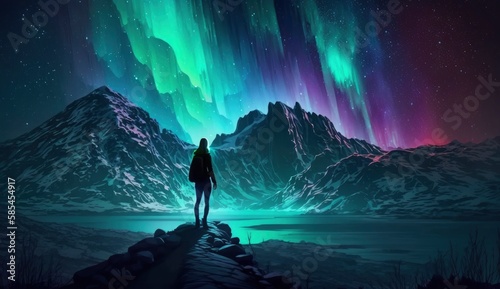 Northern lights and young woman on mountain peak at night. Aurora borealis  stones and silhouette of alone girl on mountain trail. Landscape with polar lights  Generate Ai