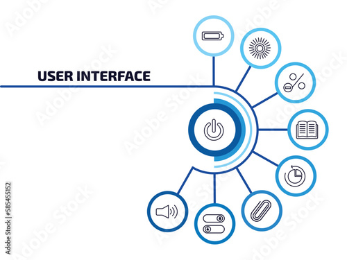 user interface infographic element with outline icons and 9 step or option. user interface icons such as tiny power, battery loaded, less percentage, open diary, reload pie chart, shaped paper clip,
