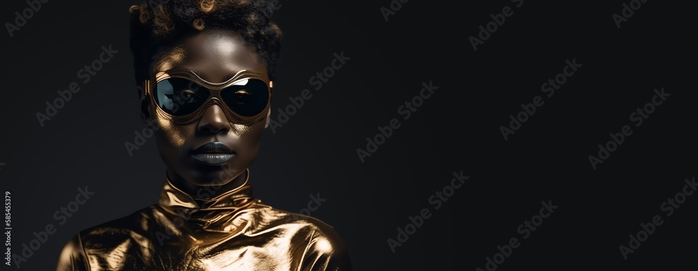 The face of a black woman wearing sunglasses, golden clothes, golden paint on her face. Illustration of a horizontal banner. AI.