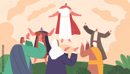 Ascension Of Jesus Christ Character Rising Into The Sky With Outstretched Arms, As His Disciples Look On In Wonder