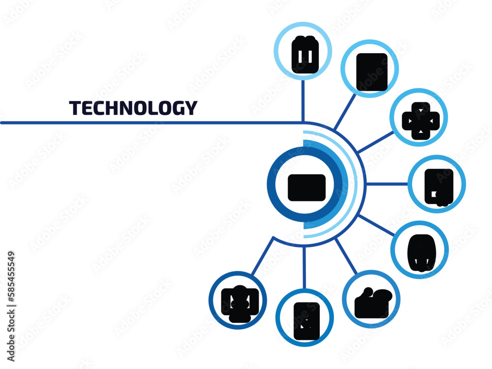 technology infographic element with outline icons and 9 step or option. technology icons such as caste tape, baterry, cinema light with cable, warranty certificate, fryer, radio and messages, heart technology infographic element with outline icons and 9 step or option. technology icons such as caste tape, baterry, cinema light with cable, warranty certificate, fryer, radio and messages, heart