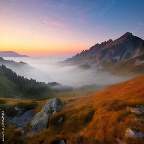 sunrise in the mountains with fog in the valley