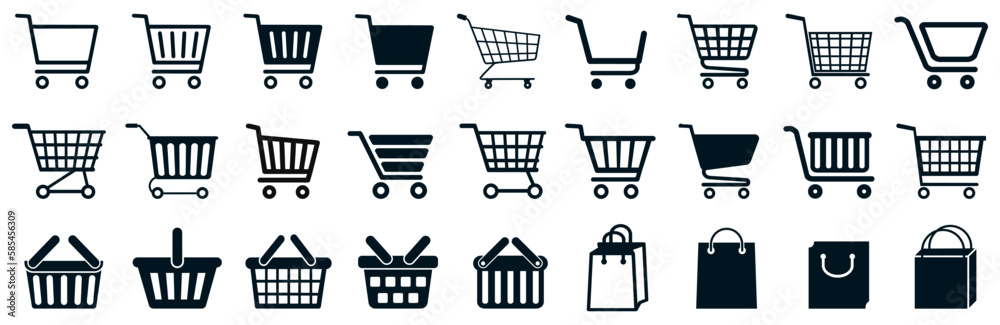 Set shop cart, basket, bag icon, buy and sale symbol. Full and empty shopping cart. Shopping basket bag icon sign – stock vector - obrazy, fototapety, plakaty 