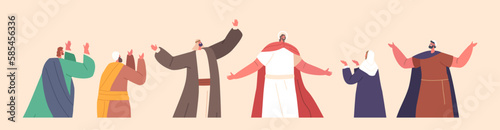 Ascension Of Jesus Concept with Jesus Christ Stand with Outstretched Arms and his Disciples Isolated Characters