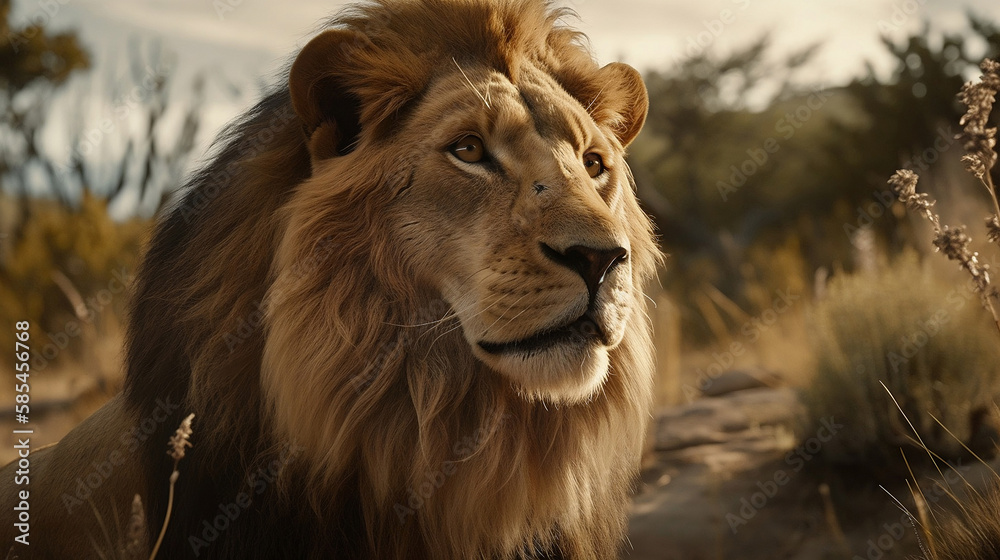 Close up of a lion in its natural habitat background. Animal kingdom concept